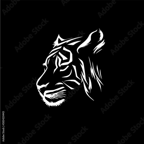 Tiger head dotwork tattoo with dots shading, depth illusion, tippling tattoo. Hand drawing wild animal emblem on black background for body art, minimalistic sketch monochrome logo. Vector illustration