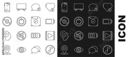 Set line Music note, tone, Play Video, Battery charge level indicator, Speech bubble chat, Power button, Vinyl disk, Smartphone, mobile phone and Floppy for computer data storage icon. Vector