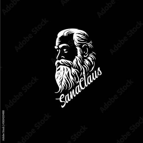 Bearded old man bust logo template, Santa Claus monument emblem, sage stamp, grandfather tattoo sketch. Hand drawing emblem on black background for body art, monochrome art. Vector illustration