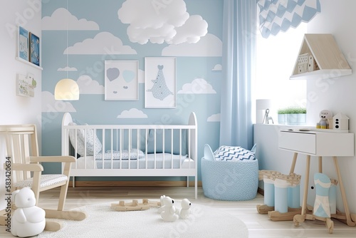 A mock up photo frame and paper clouds decorate the nursery's interior. the colors blue and white. Comfortable children's room with blank poster mockup for text or image. Generative AI