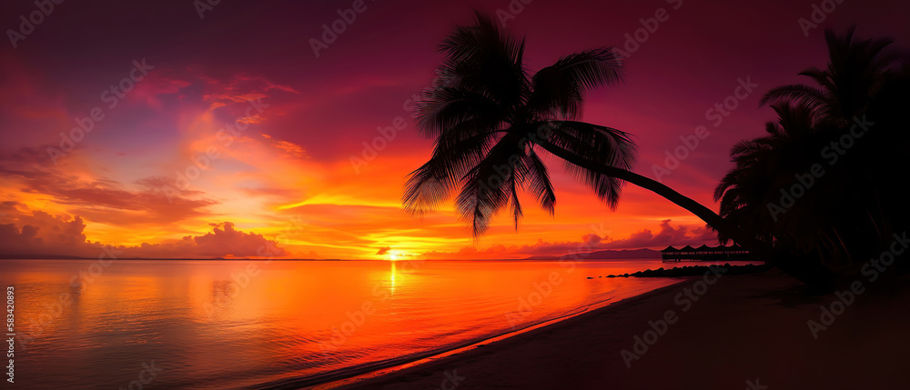 sunset on the beach with palm trees, holiday vacation banner concept, generative ai