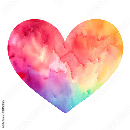 Watercolor art print of a heart filled with vibrant rainbow colors, showcasing a blend of hues in a soft, artistic style.  