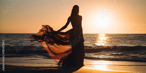 beautiful woman dancing on the beach at sunset in a long silky dress, generative ai