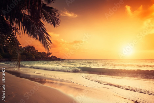 sunset over the ocean on the beach with palm trees, holiday vacation banner concept, generative ai