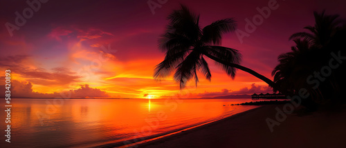 sunset on the beach with palm trees, holiday vacation banner concept, generative ai © Gbor