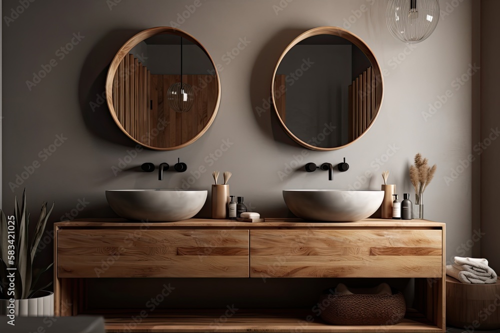 Close up of a double sink on a wooden vanity in a bathroom with a grey background and two vertical mirrors. Concept of self care and relaxation. Generative AI - obrazy, fototapety, plakaty 