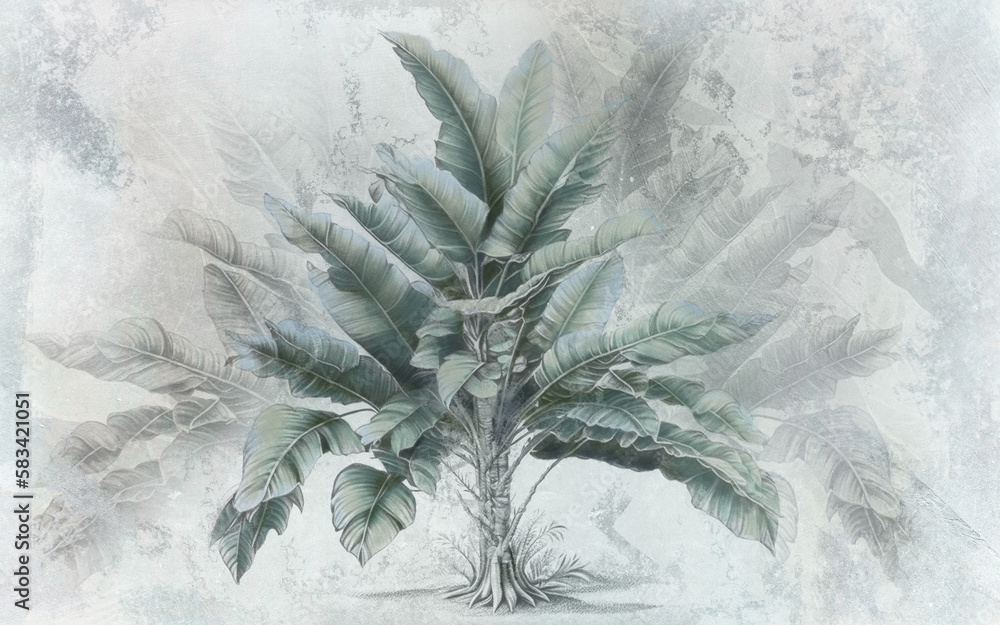 Banana tree. Tropical wallpaper with banana tree on grunge background