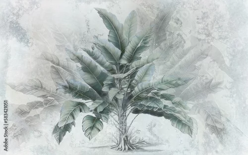 Obraz Banana tree. Tropical wallpaper with banana tree on grunge background. Design for wallpaper, photo wallpaper, fresco, card, mural.