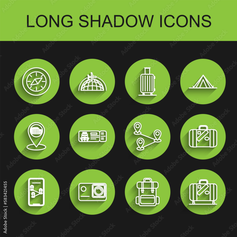 Set line Infographic of city map navigation, Action extreme camera, Compass, Hiking backpack, Suitcase for travel and stickers, Cruise ticket traveling by ship, and Route location icon. Vector Set line Infographic of city map navigation, Action extreme camera, Compass, Hiking backpack, Suitcase for travel and stickers, Cruise ticket traveling by ship, and Route location icon. Vector