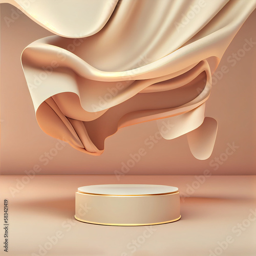 Nature-Inspired Beauty Promotion: 3D Podium Display with Circle Frame and Summer Minimal Banner on Beige Background Featuring Cosmetic Products Mockup and Wind Effects Generative AI