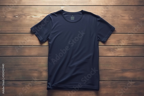 blank navy blue t-shirt flatlay mockup on wooden background, template for t-shirt graphics for webshops, generative ai
