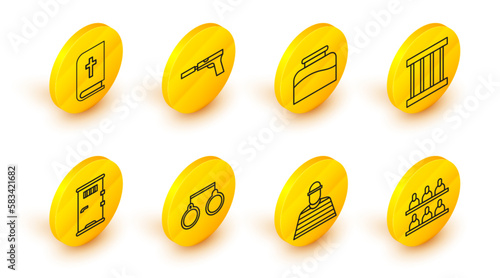 Set line Jurors, Prisoner, Handcuffs, cell door, window, Inkwell, Pistol gun with silencer and Holy bible book icon. Vector