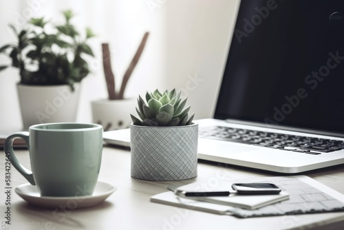 Laptop, plant, and mug on the desk of the home office. colors of grey and cactus green. in front. Generative AI