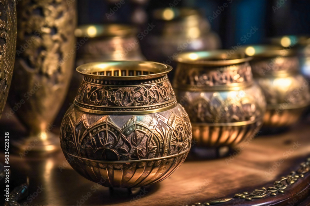 Oriental or ottoman metalwork and craft, filigree pots or lanterns close up in a middle east bazaar. Created with Generative AI technology. Oriental or ottoman metalwork and craft, filigree pots or lanterns close up in a middle east bazaar. Created with Generative AI technology.