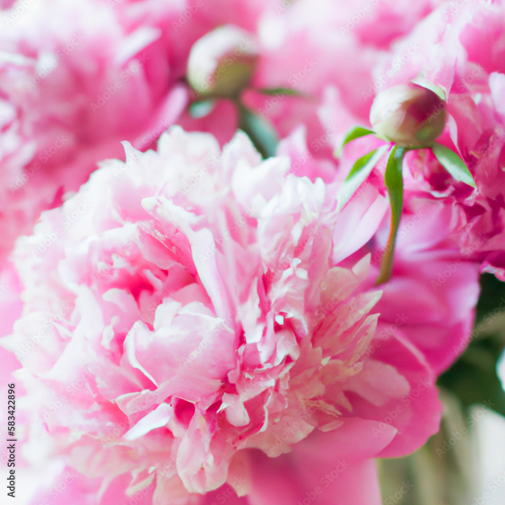 Beautiful pink peony flowers close up. Peony is a genus of herbaceous perennials and deciduous shrubs, tree-like peonies. Peony family Paeoniaceae, previously was assigned to Ranunculaceae family