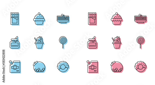 Set line Candy packaging for sweets, Glass jar with candies inside, Chocolate bar, Donut, Ice cream bowl, Lollipop, Jar of honey and Cupcake icon. Vector