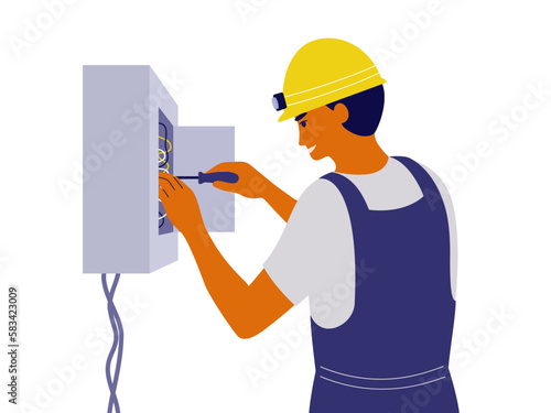 Electrician man screwing wire in switch board by screwdriver. Engineer worker repairing electric meter electrical wiring. Repair home service, maintenance job. Electricity isolated vector illustration