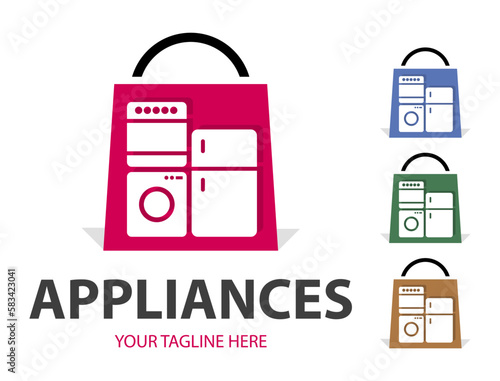 Modern minimalist home appliance store logo. Refrigerator stove and washing machine icon.