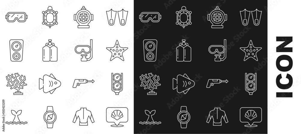 Set line Scallop sea shell, Gauge scale, Starfish, Aqualung, Diving mask and and snorkel icon. Vector Set line Scallop sea shell, Gauge scale, Starfish, Aqualung, Diving mask and and snorkel icon. Vector