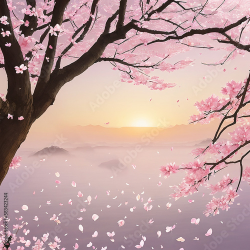 pink sakura tree petals fall on wind watercolors painting with generative AI technology