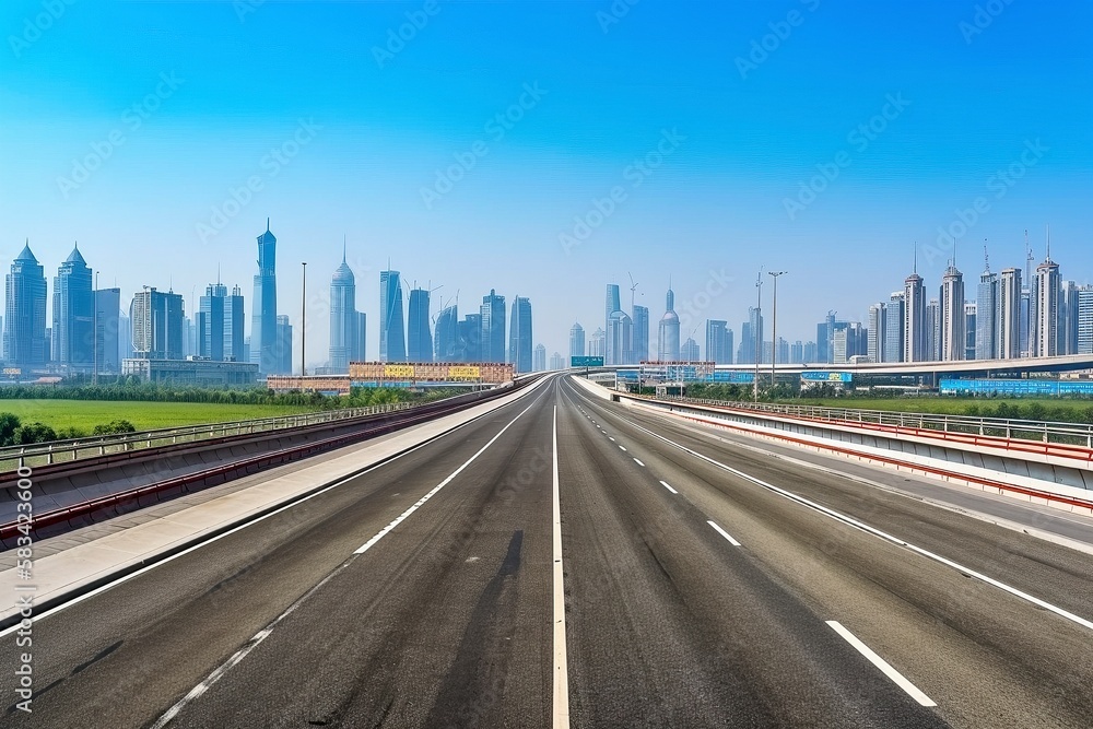 Empty Highway with Awe-Inspiring Shanghai City Skyline in Daylight, AI-Generated