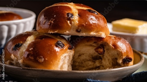Close-up of a plate of freshly baked Hot Cross Buns