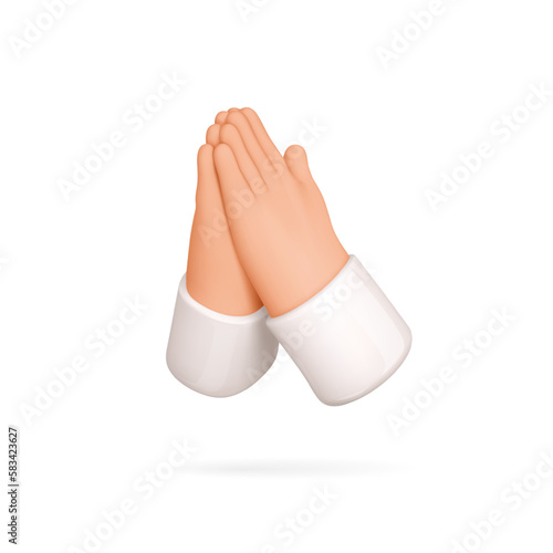 Hands prayer icon. 3d emoji praying hand. Palms folded gesture namaste, thank, help, please emoticon. Vector cartoon illustration for social media