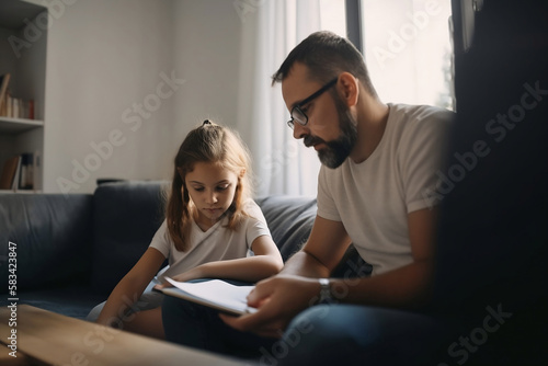 A man explain a homework to his daughter in the weekend morning day, generative ai © 1by1step