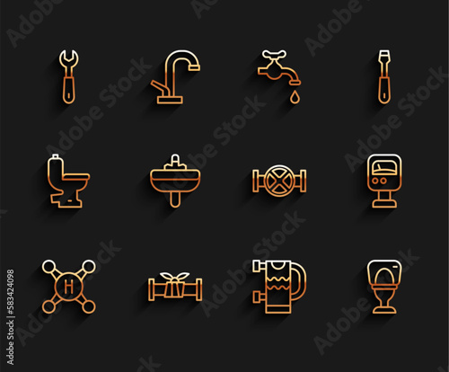 Set line Water tap, Industry metallic pipe, Wrench spanner, Heated towel rail, Toilet bowl, Washbasin, Pressure water meter and and valve icon. Vector