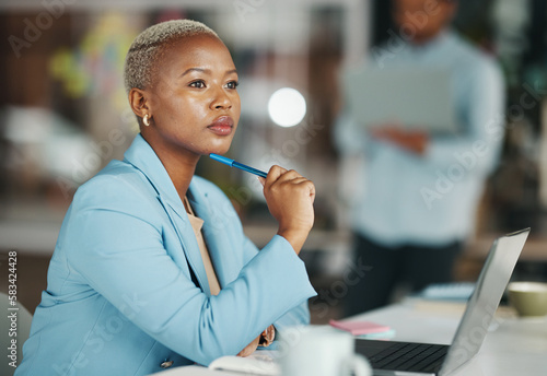 Photography Business thinking, office laptop and black woman, creative agent or person working on advertising plan