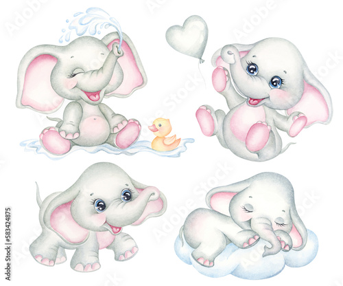 Photography Set of cute little elephants poses
