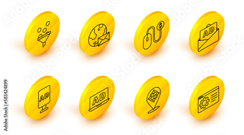 Set line Browser setting, Target, Advertising, Earth globe with mail and Lead management icon. Vector