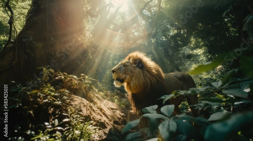 Fototapeta Naklejka Na Ścianę i Meble -  Lion in the jungle and beautiful rays of the sun