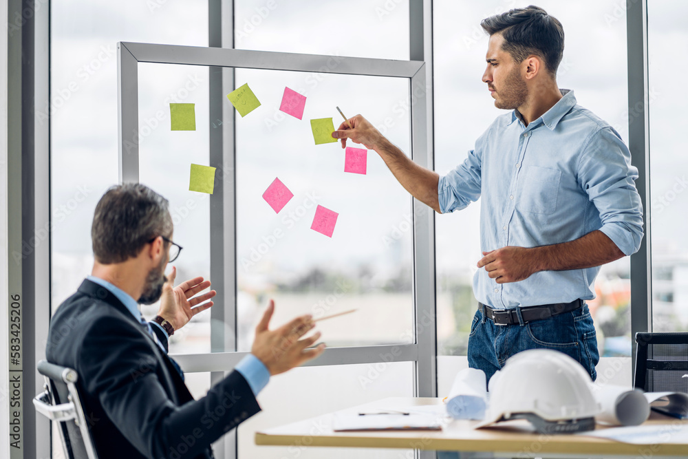 Fototapeta premium Group of professional business meeting and discussing strategy with new startup project.Creative business people planning and brainstorm on board in modern office.Teamwork concept