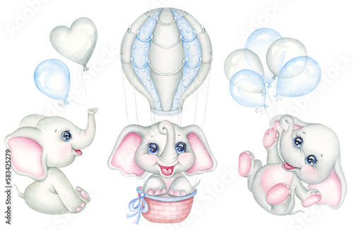 Photography Set of cute little elephants on blue balloons