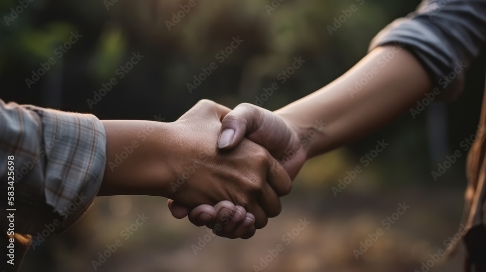 Close-up of two friends holding hands, Generative AI Close-up of two friends holding hands, Generative AI