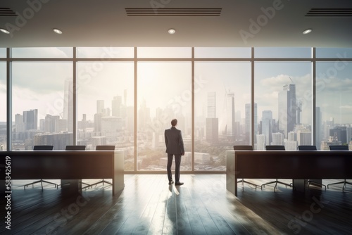 Businessman standing in modern office interior with panoramic city view  Generative AI