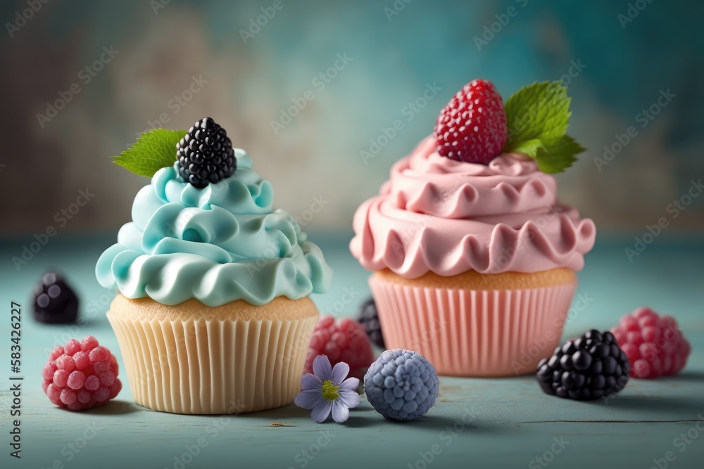 Cupcakes with blue frosting and a black berry on top. Generative Ai