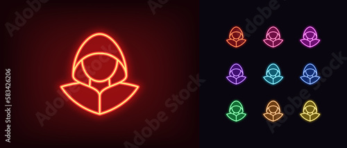 Outline neon hacker icon set. Glowing neon hacker with hood, cyber criminal and thief pictogram. Theft personal data and fraud, cyber attack and crime, hacking social media account, scam.