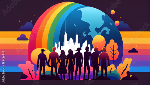 LGBTQ illustration banner, rainbow color artwork design, creative illustration of diverse people of the transgender and LGB community, by generative AI
