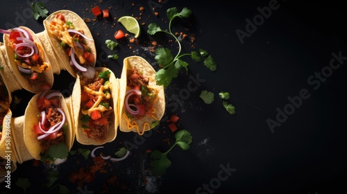 Overhead shot of tacos for restaurant menu. Mexican traditional cuisine. Generative AI