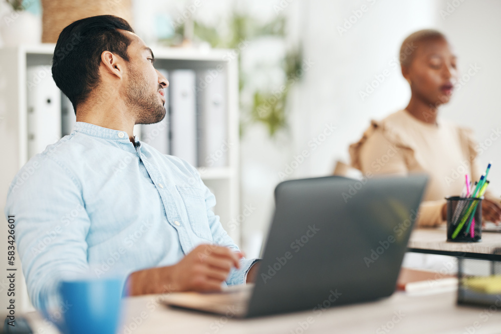 Fototapeta premium Office, talking and business man at desk on break in conversation, speaking and chatting to coworker. Creative startup, company and male worker with computer working on project, report and research