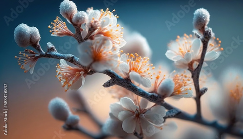 Beautiful floral spring abstract background of nature. Branches of blossoming apricot macro with soft focus on gentle light blue sky background. ai generative © rorozoa