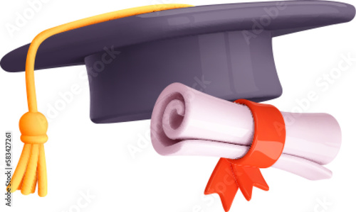 3d graduateand diploma icon. Student cap throw in realistic minimal style. Education, training, knowledge concept. Vector cartoon illustration
