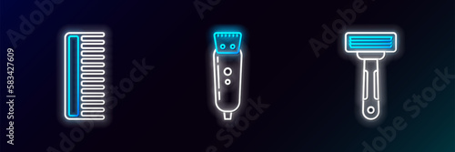 Set line Shaving razor, Hairbrush and Electrical hair clipper shaver icon. Glowing neon. Vector
