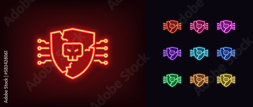 Outline neon cyber attack icon set. Breaking of system protection. Destroyed glowing neon shield with skull, damage and cracks. Hack data, cyberattack, hacking risk, danger DDoS attack.