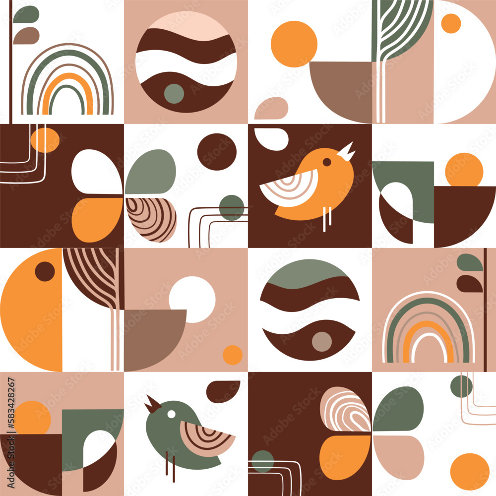 Retro aesthetics geometric pattern.Abstract geometric texture background with birds and floral elements of abstract shapes in Bauhaus style.Vector illustration for print,banner,poster,wallpaper,cover