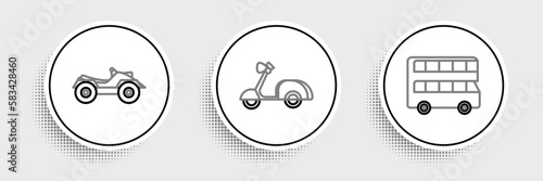 Set line Double decker bus, All Terrain Vehicle or ATV motorcycle and Scooter icon. Vector