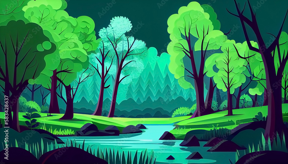 Obraz premium Abstract forest landscape illustration graphic, colorful spring atmosphere forests and leaves in watercolor painting style, by generative AI 