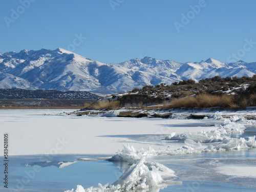 snow covered ruby mountain range, lake ice